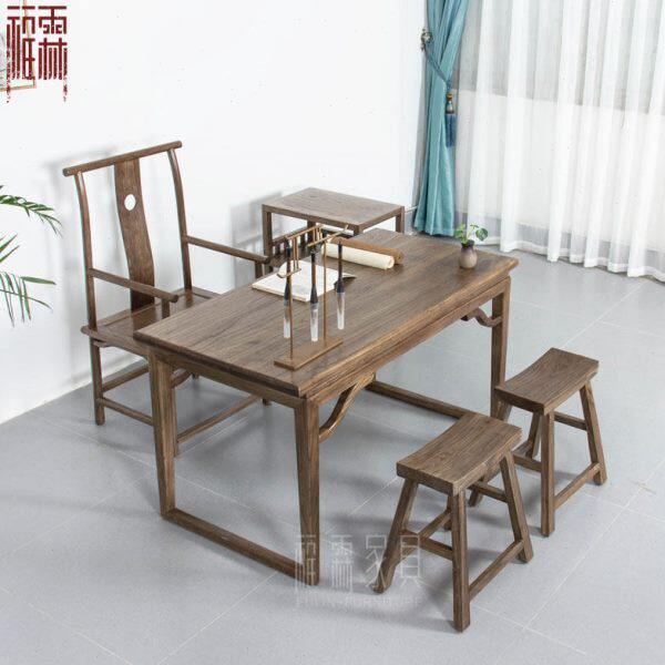 中式书桌椅组合全实木茶桌老榆木书法桌茶台会议桌古典餐台桌家具