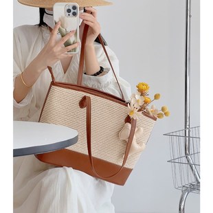 法式拼接皮竹编单肩包女大容量藤编织包菜篮子撞色小众草编包度假