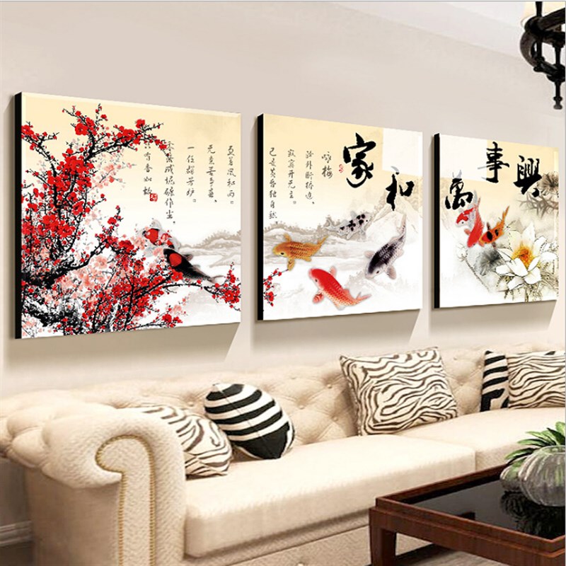 大客厅饭厅现代简约组合装饰画背景挂画冰晶玻璃无框画镇宅九条鱼图片