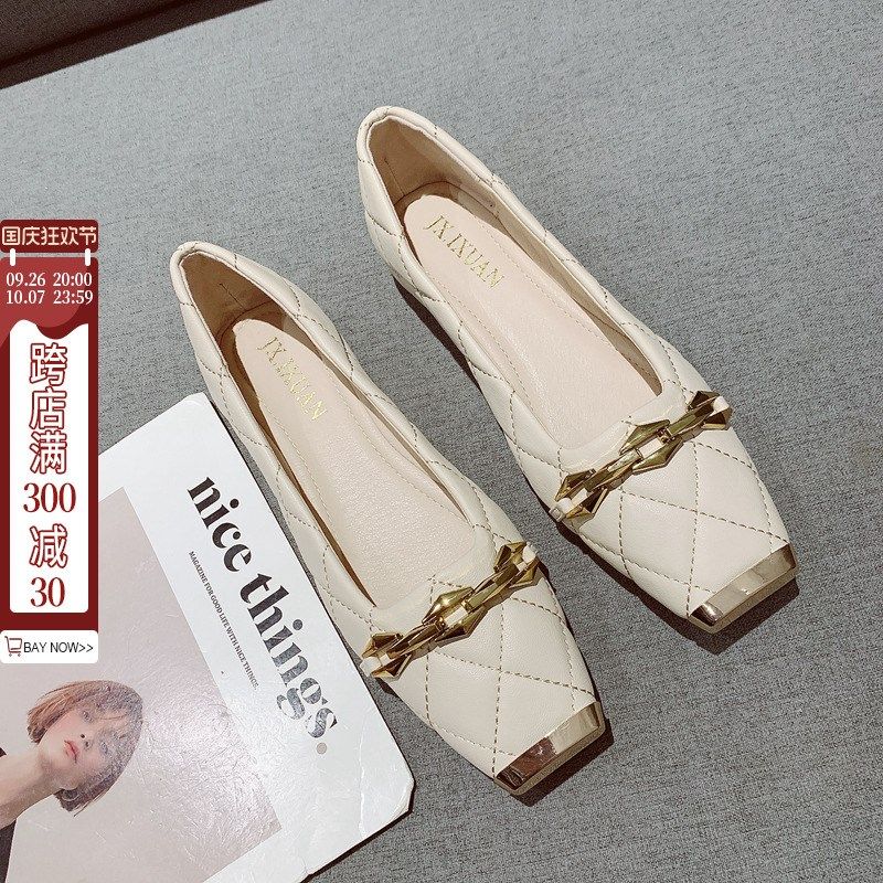 鞋子女2024年春季新款韩版金属方头浅口平底鞋女软底时尚套脚女鞋,女鞋,浅口单鞋,淘宝优惠券,粉丝福利购,淘宝优惠卷