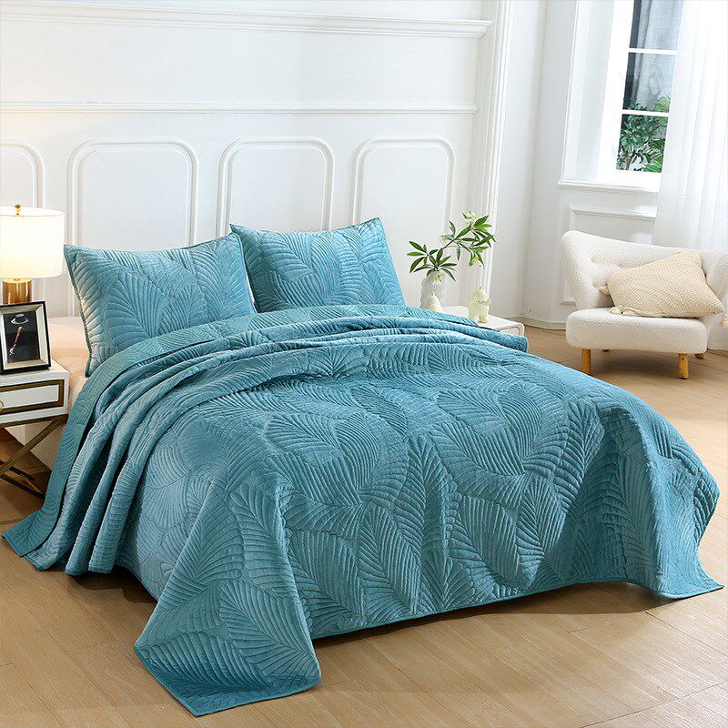田园风芭蕉叶床上三件套简约花卉植物叶印染纹衍缝夏凉空调被