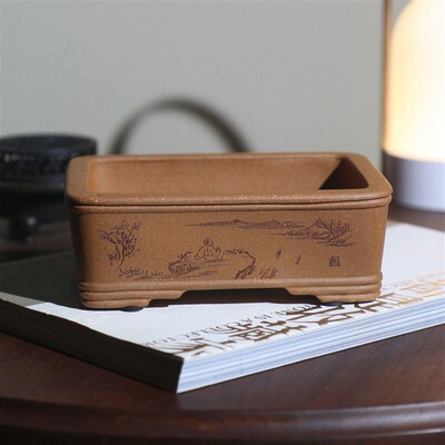 紫砂花盆正方形盆景盆精品老紫泥竹节盆九溪陶坊韩永刚制四方盆