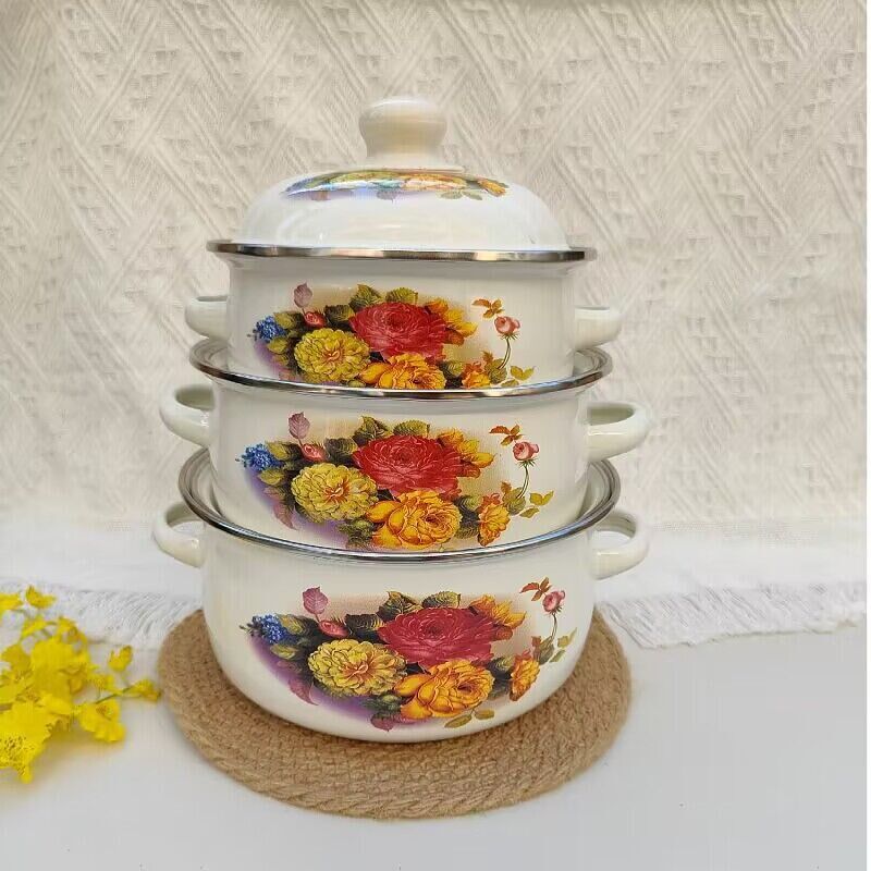 三件套搪瓷烧锅珐琅平底锅家居日用多规格搪瓷锅带盖双耳礼品汤锅