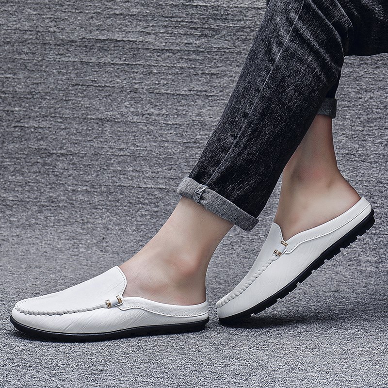 白色个性豆豆鞋男拖鞋百搭无后跟懒人试衣间办公室皮鞋半拖鞋白鞋