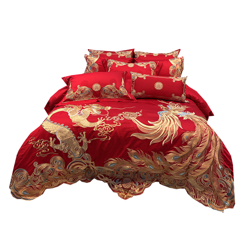 高端140支匹马棉四件套全棉婚庆龙凤刺绣被套100纯棉中式新婚床品