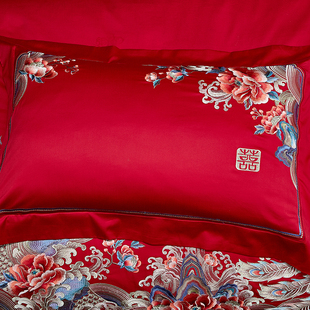 婚庆十套全棉大红色婚床喜被刺绣床单被套龙凤结婚床品