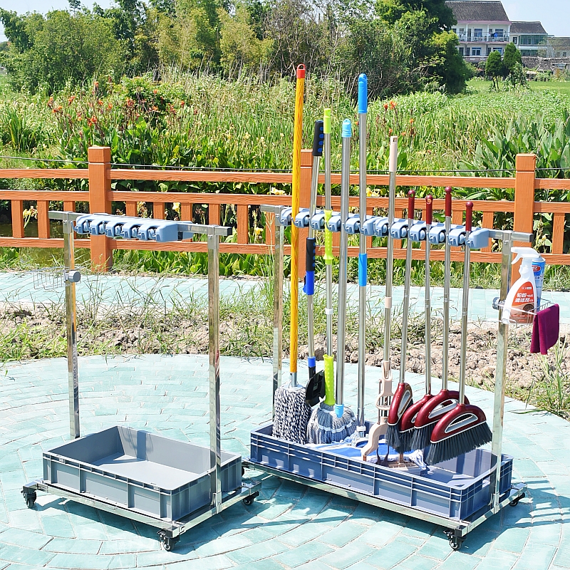 落地式拖把架不锈钢清洁工具卡夹可移动置物架双排加固扫把收纳架