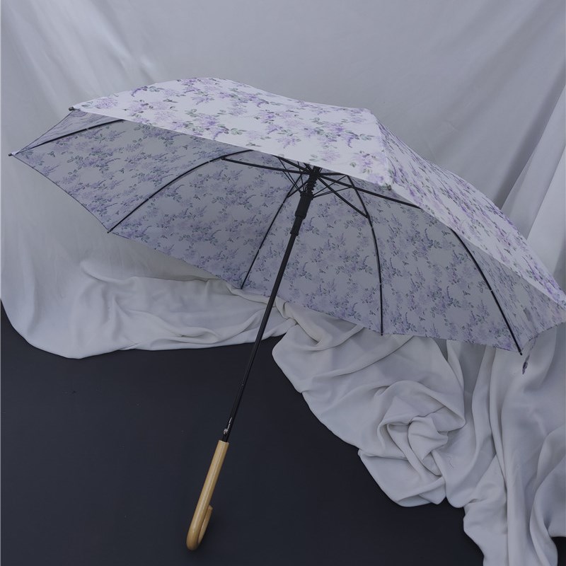 日系紫藤幽兰小碎花超轻木质手柄自动长柄雨伞抗风淡雅温柔女生伞
