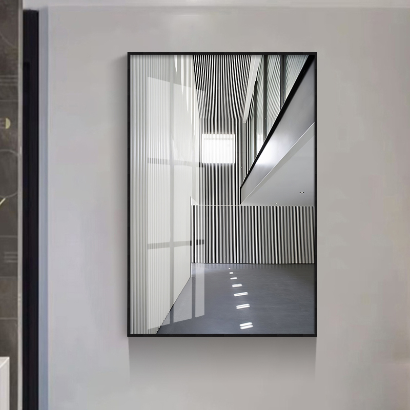 客厅玄关简约装饰画黑白灰几何线条延伸建筑挂画空间巨幅靠墙壁画图片