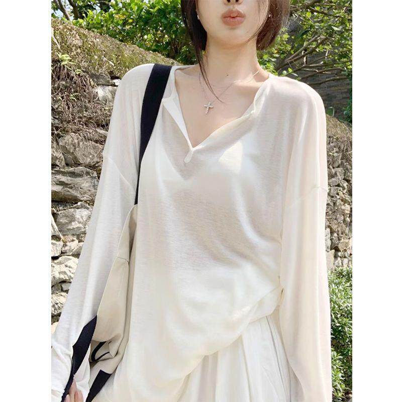 大码防晒罩衫女夏季2026新款微透面膜长袖t恤女薄款外搭显瘦上衣