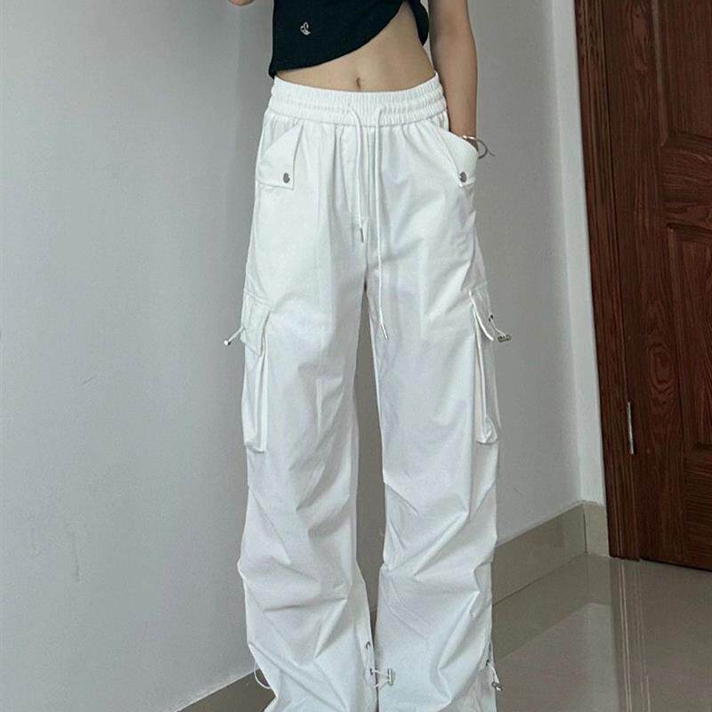 美式街头嘻哈白色工装裤女春夏季新款高腰宽松阔腿运动休闲裤子潮