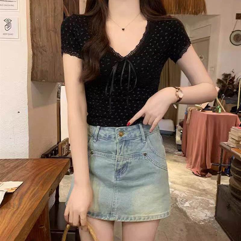 莫代尔短袖t恤女2026夏蕾丝碎花蝴蝶结修身潮短款正肩V领韩版上衣