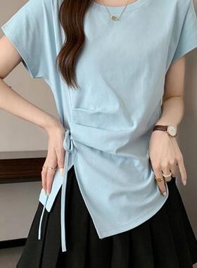 不规则开叉短袖t恤女夏2026新款大码胖mm显瘦掐腰设计感系带上衣