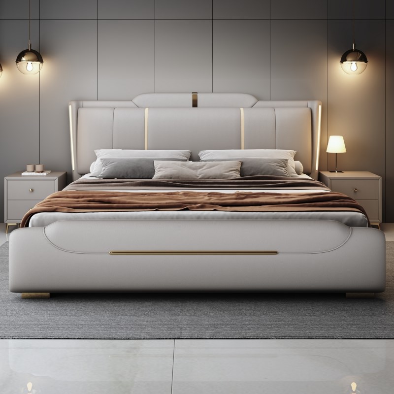 真皮床轻奢现代h简约2m2.2主卧室大床1.8米大气带灯双人软包婚