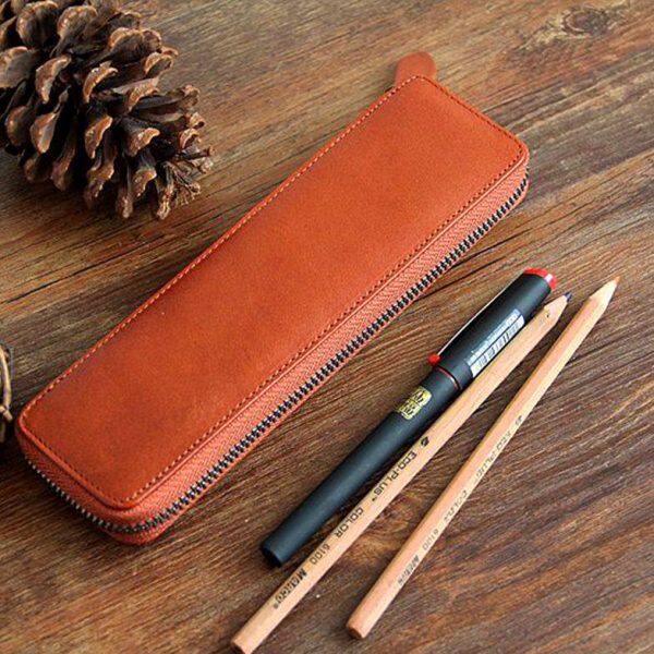 日系植鞣牛皮笔袋简约商务头层牛皮笔袋纯皮铅笔盒文具袋真皮笔袋