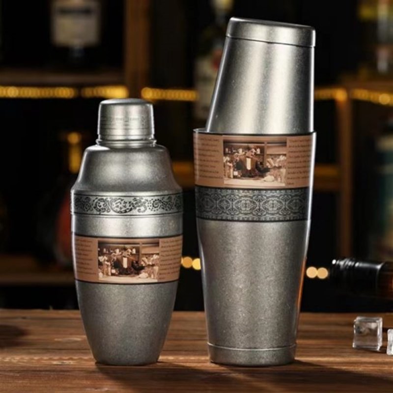 印花摇壶三段式调酒器不锈钢日式雪克壶J波士顿摇壶做旧工艺调酒