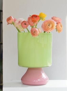 Soft复古彩色拼色肌理多巴胺风高脚桌面花瓶玻璃琉璃插花器摆件