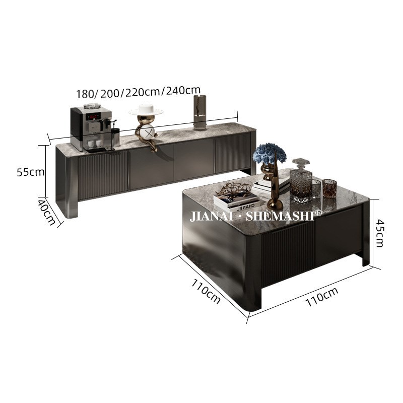 意式极简电视柜板茶几组合简约实木地柜H现代小户型客厅岩板餐边