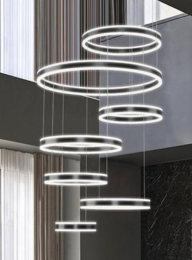 黑色吊灯现代圆环52灯灯复楼l吊oft轻式奢术楼梯间别墅客厅简约艺