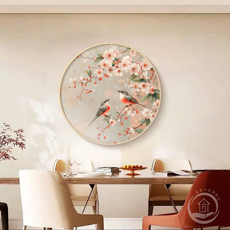 新中式客厅餐厅墙面装饰画圆形花鸟茶室壁画喜上枝头入户玄关挂画图片
