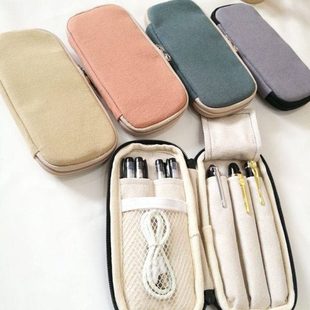 布邑纯色棉麻笔袋三支装笔套布艺钢笔收纳袋拉链笔包黑蓝色烧饼包
