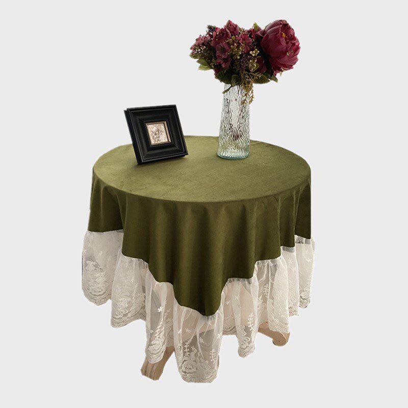 S美式法式茶几孔雀蓝复古橄榄绿丝绒装饰蕾丝桌布酒红金色盖布