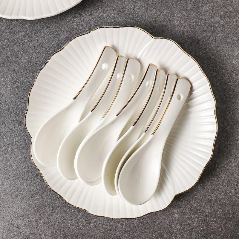 金边纯白陶瓷汤i勺家用创意吃饭勺喝汤喝粥汤匙调羹餐厅酒店小勺