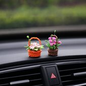 超迷你编织小花篮汽车摆件可爱精致陶土车载车内小花瓶治愈装 饰品