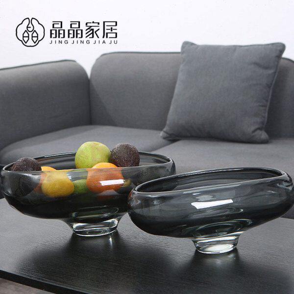 现代简约创意灰色玻璃果盘摆件椭圆形样板房客厅茶几软装家居摆饰