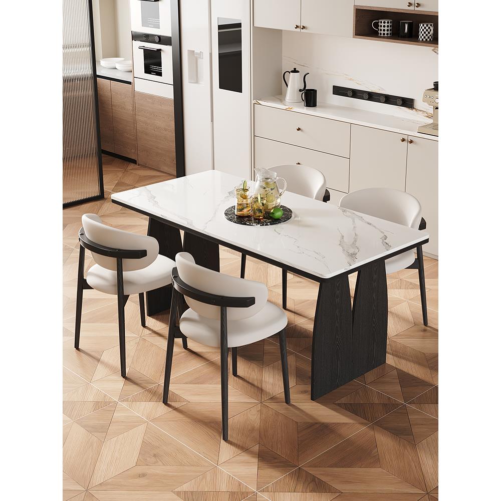 轻奢意式极简家用覆古风岩板餐桌椅组合小户型实木饭桌