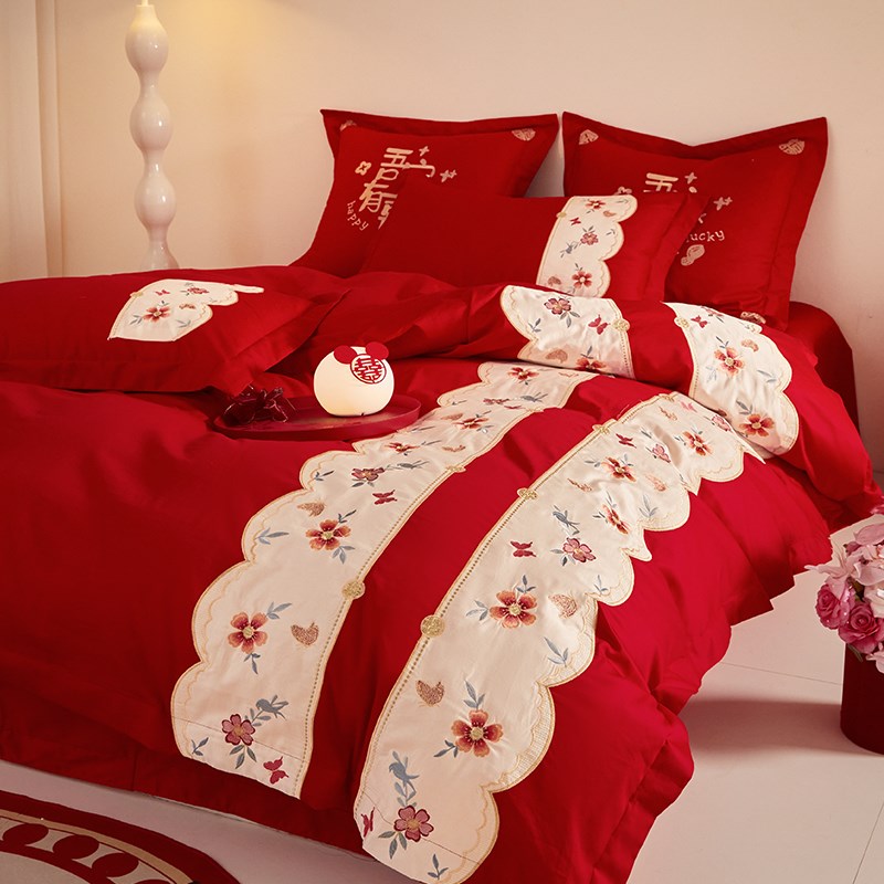 现代简约婚庆全棉喜嫁四件套100S长绒棉被套结婚时尚X陪嫁纯棉床
