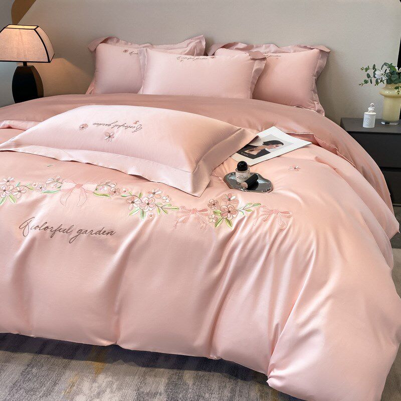 韩式轻奢刺绣四件套简约风裸睡全棉纯色60支长绒棉4件套