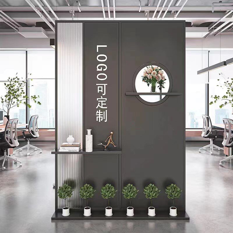 现代铁艺屏风玻璃隔断靠墙办公室落地式形象装饰入户玄关移动前台