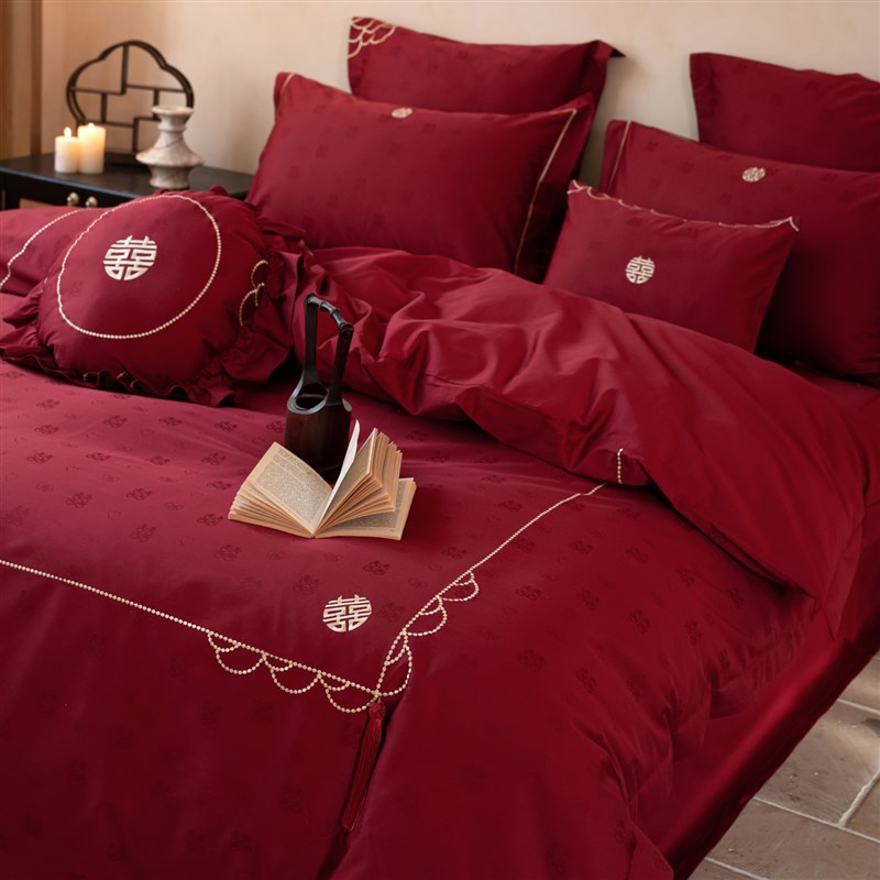 简约中式提花婚庆床上四件套全棉喜字刺绣被套全棉红色结婚嫁床单