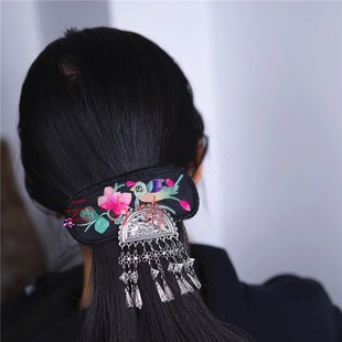 春风屿高级感民族风手工刺绣老绣弹簧夹发夹女后脑勺半扎一字夹07
