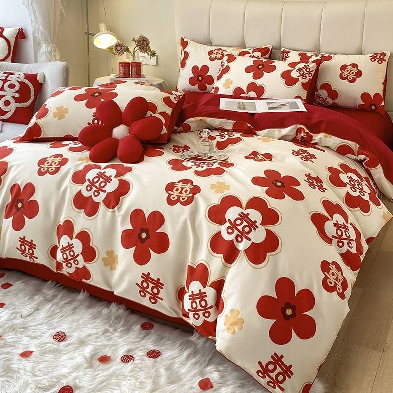 简约婚庆四件套红色被套床单婚房喜被全棉新婚庆结婚床上用品