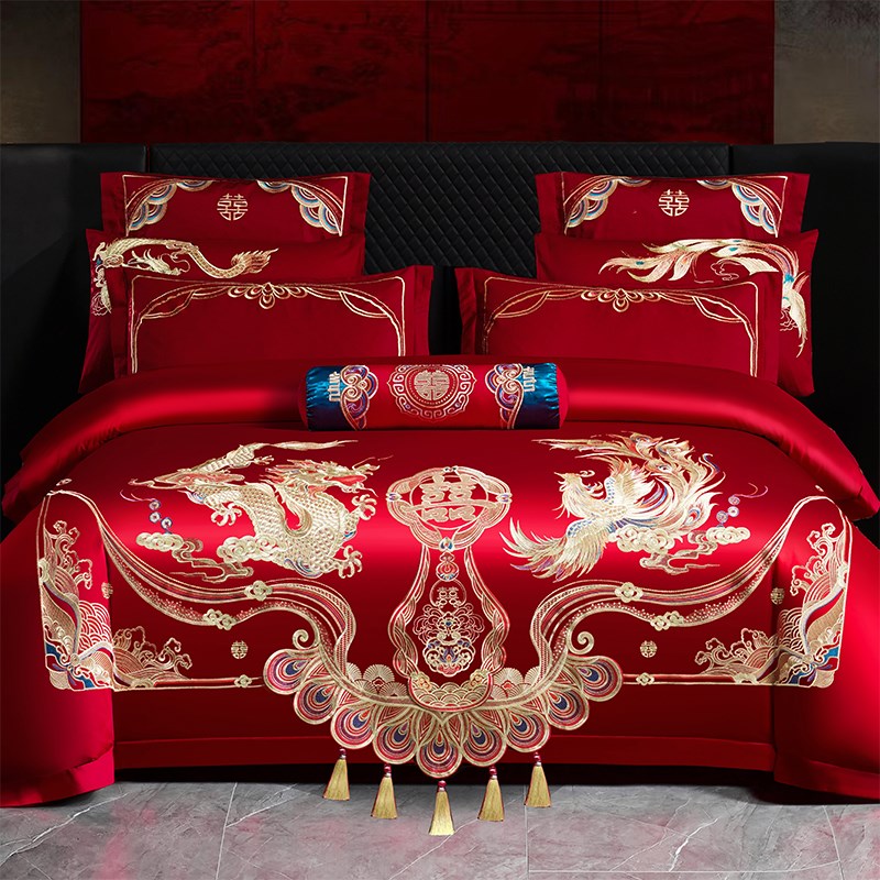 婚庆四件组大红色全棉喜庆被套结婚嫁床上用品纯棉新婚房礼龙凤刺