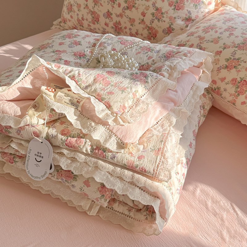 A类全棉花边双层纱夏凉被四件套可机洗空调被单人夏季薄被子
