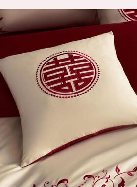 100支长绒棉酒红靠垫婚庆纯棉刺60054799绣抱枕结婚床品6060套C4M