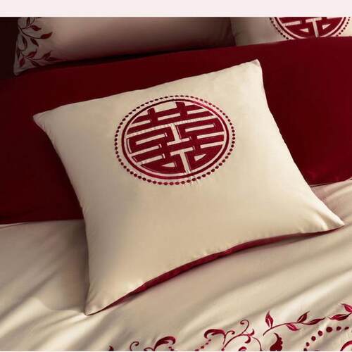 100支长绒棉酒红靠垫婚庆纯棉刺60054799绣抱枕结婚床品6060套C4M
