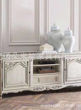美式村实木色雕花复做旧电乡视白柜轻奢客厅古视86956听柜储存柜