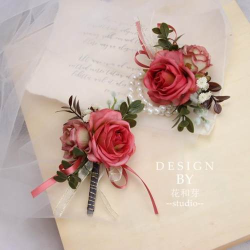 新款原创浅红玫瑰森系叶子商务活动胸花结婚新郎伴娘姐妹团手花