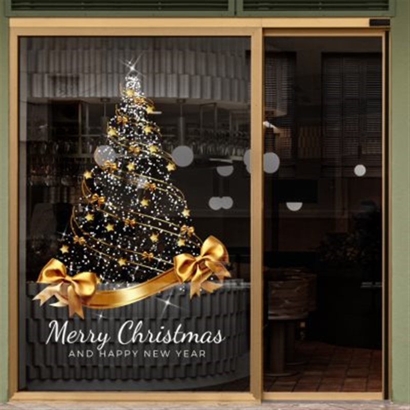 圣诞节金色树装扮窗贴店铺橱窗B静电玻璃门贴纸装饰场景布置窗花