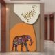 吉象如意 现代轻奢玄关墙布橙色大象3d立体入户客厅走廊过道壁画