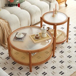 艾森朗特日式实木藤编茶几桌客厅家用小户型玻璃原木圆形沙发边几