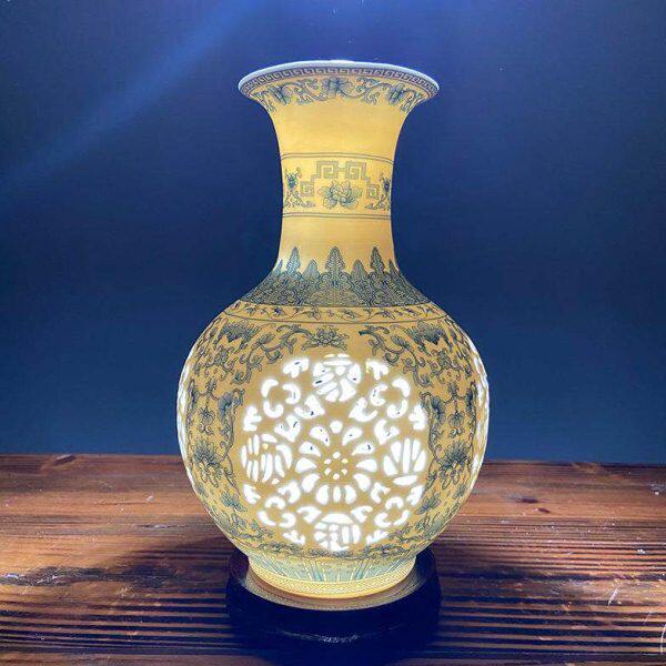 镂空青花瓷创意三件套客厅陶瓷器花瓶办公室电视柜摆件轻奢装饰品