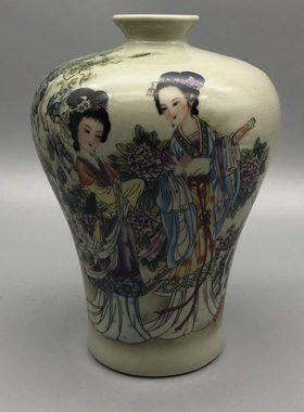 仿清同治粉彩仕女图梅瓶收藏家居摆件古玩厂货怀旧老物件仿古做旧
