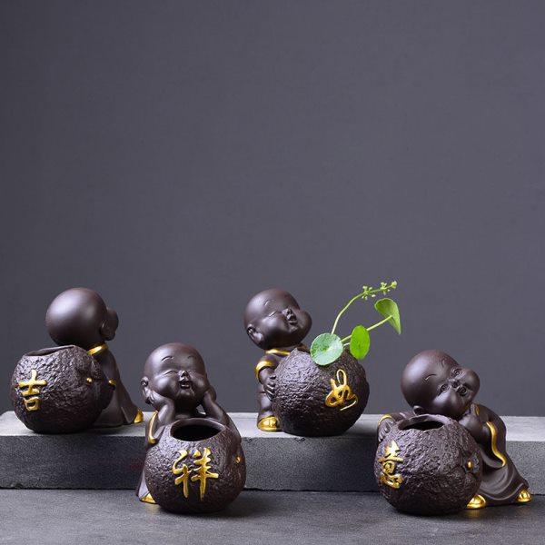 紫砂小花插禅意小和尚铜钱草水培容器创意桌面摆件花盆小花瓶器皿,鲜花速递/花卉仿真/绿植园艺,花瓶,淘宝优惠券,粉丝福利购,淘宝优惠卷