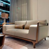 新中式 沙发组合北美黑胡桃木简约现代轻奢样板房客厅实木皮艺沙发