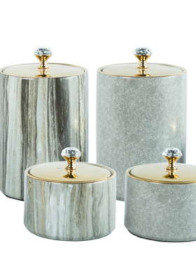 现代轻奢创意灰色大理石纹陶x瓷储物罐装饰裂纹盖罐摆件家居工艺